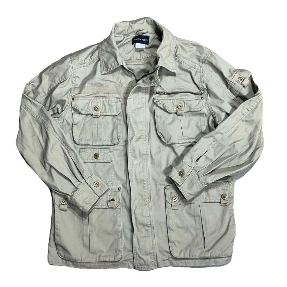 Stone Creek Mens Safari Utility Fishing Jacket Khaki Multi Pocket Cotton Large